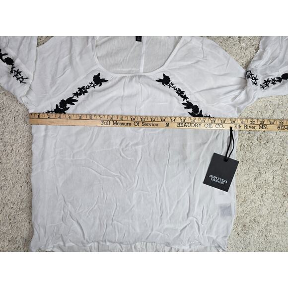 Simply Vera Wang Womens Sz Small White Black Long Sleeve Top Shirt Blouse Floral - Picture 6 of 10